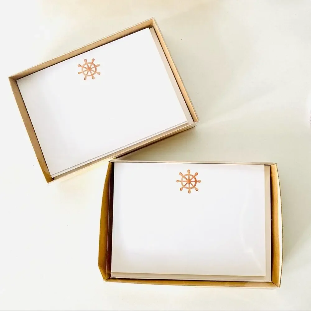 2NEW ANTHROPOLOGIE White Tan Illustrated Sail Wheel Nautical Card Notecards s/10